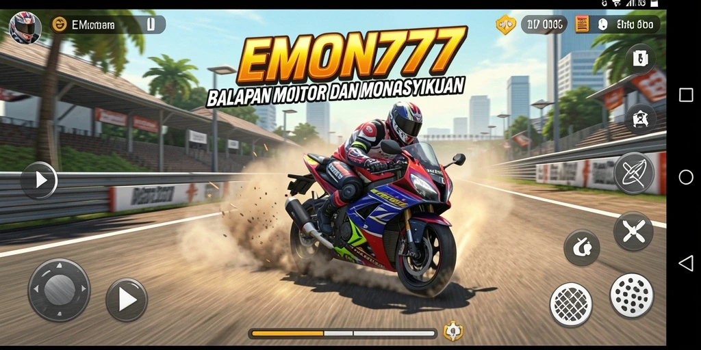 Tampilan gameplay seru EMON777 yang menampilkan balapan motor.