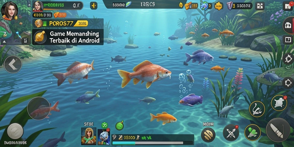 Tampilan gameplay POROS77 dengan pemain menangkap ikan di lokasi cantik.
