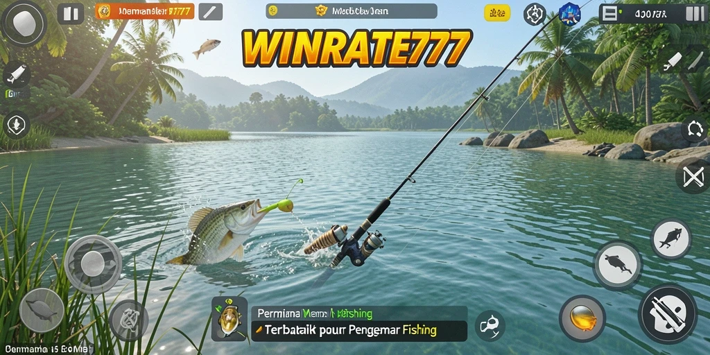 Tampilan screenshot gameplay WINRATE777 dengan ikan besar yang ditangkap.